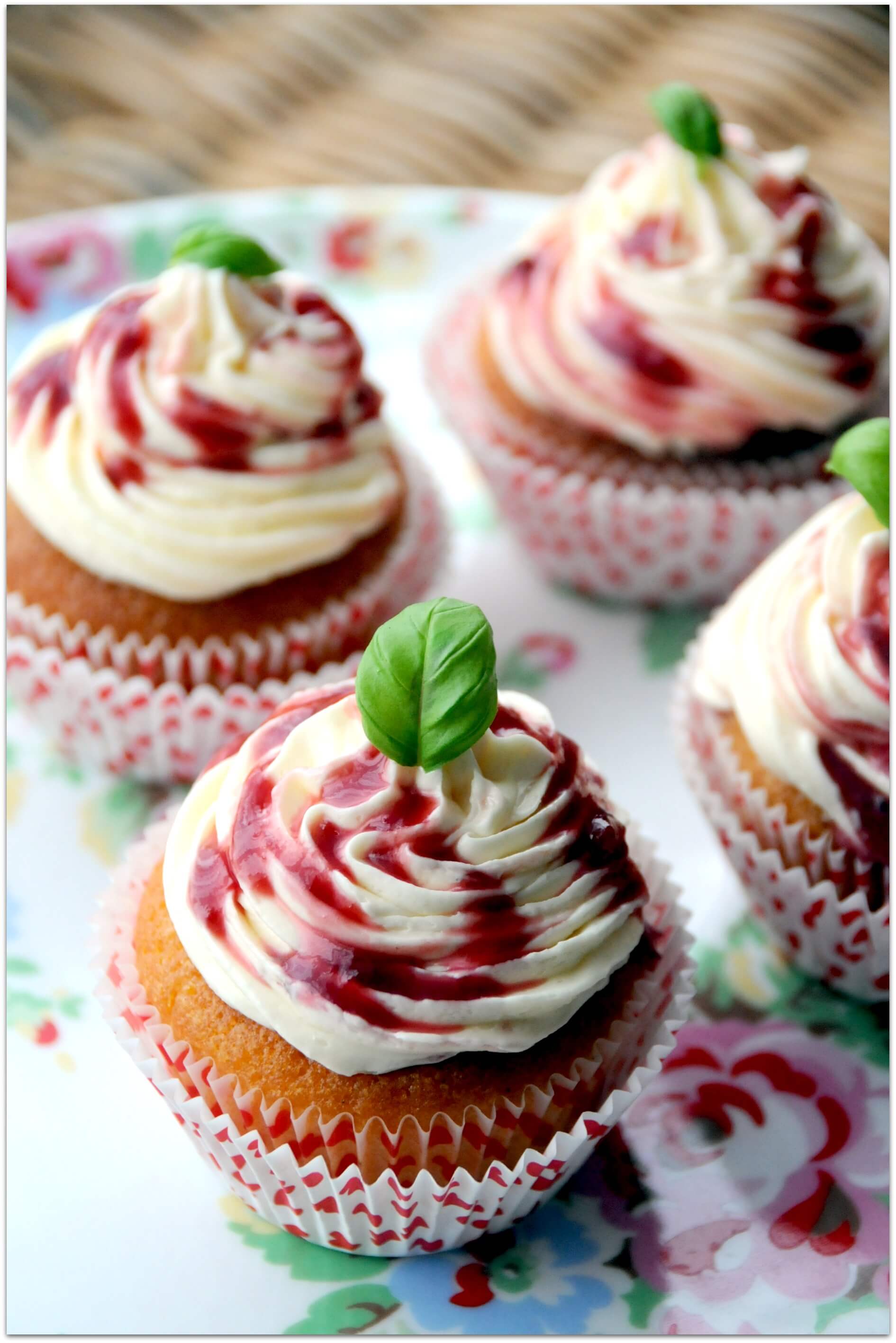 RASPBERRY RIPPLE AND BASIL CUPCAKES by Ren Behan