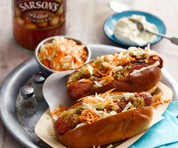 Seattle-Style Cream Cheese Hot Dogs with a Quick Pickled Cabbage Salad