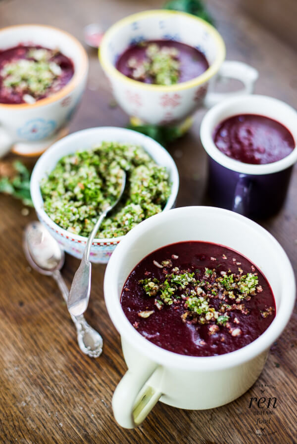 Beetroot and Kale Soup with Almond Crumble